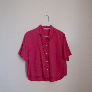 Women's Uniqlo pink linen blend short-sleeve button-down shirt